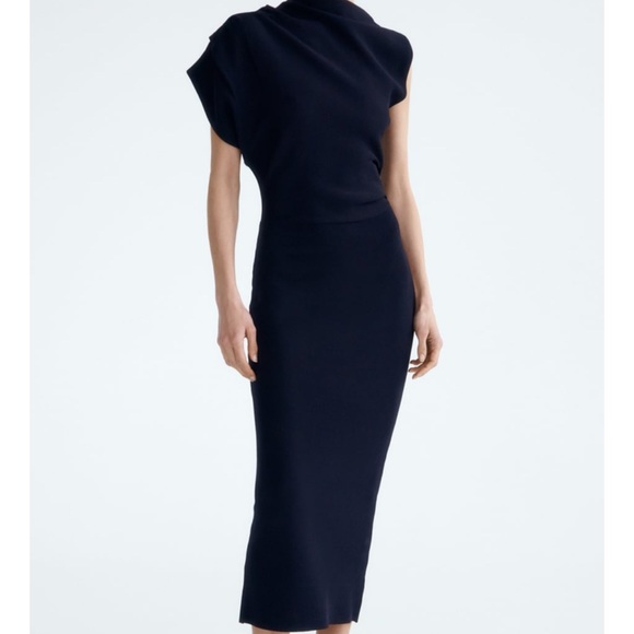 ZARA Asymmetric Sleeve Knit Dress Navy Blue - Picture 1 of 6